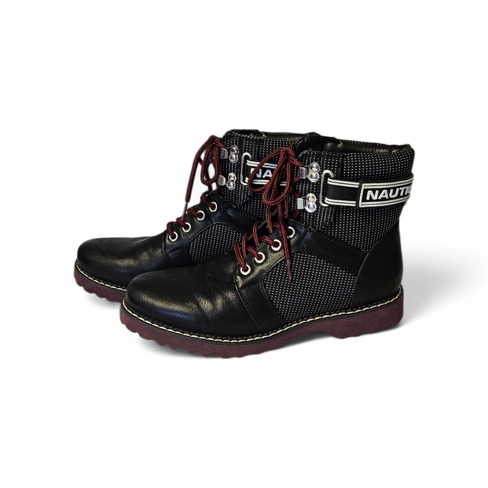 Nautica Romilly Hiker Boots in black, featuring red laces. 